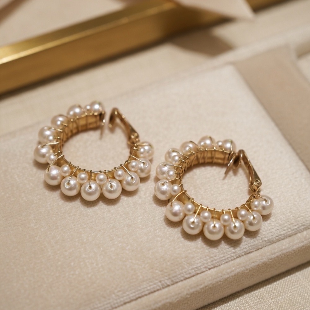 Vintage Gold Tone Faux Pearl Fringe Hoop Clip on Earrings Statement